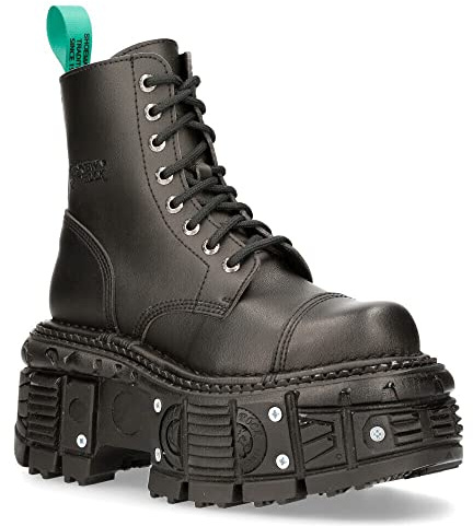 Botas New Rock TANKMILI083C-V2 de Cuero Vegano Negro con Plataforma de Combate Motociclista Militar Punk Gótico 9