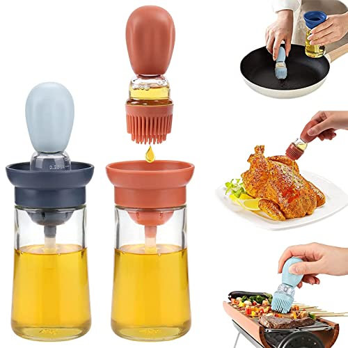 SAMSYOKI 2 Stück Ölflasche mit Pinsel Silikon, 6 oz 2 In 1 Glas Ölspender Mit Skala Anti-Leckage Ölflasche Silikonölbürsten Backpinsel Für Küche Grillen Backen Heißluftfritteuse (Blau+Rot)