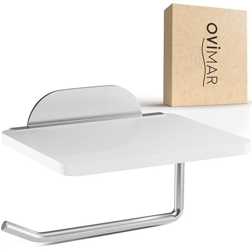 ovimar Toilettenpapierhalter Helnaes Papierrollenhalter mit Glasablage Silber 3M | Klopapierhalter selbstklebend zum Kleben | Klorollenhalter mit Ablage | WC Rollenhalter Silber