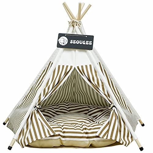 SEOUGEE Haustiere Tipi Zelt für Hunde und Katzen Waschbar und Abnehmbar Baumwolle Canvas Hundebett und Katzenhaus mit Kissen Indoor und Outdoor Pet Kennel und Spielhaus Tragbar und Stilvolles Tipi