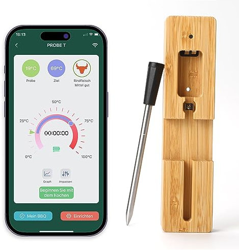Fleischthermometer Kabellos mit Schneller Temperaturmessung in 1 Sekunde, Bluetooth-Verbindung und IPX7-Wasserdichtigkeit-perfektes Grillzubehör mit der PROBE TEMP App