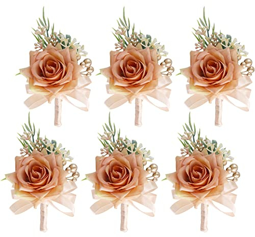 Braut Boutonniere und Handgelenksblume,6 Stück Hochzeit Rose Handgelenk Corsagen - Brautjungfer Handgelenk Blume Künstliche Rose Blumen Anstecker Hochzeit Boutonniere Blumen für Bräutigam Prom Party