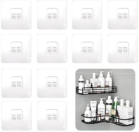 SUBTAVIK 12 Pcs Shower Caddy Adhesive Hooks Replacement, Corner Shower Caddy Adhesive Sticker Hooks Transparent Sticky Hooks for Bathroom Kitchen Shower Caddy Corner Shelf (Single Hook) YW0132
