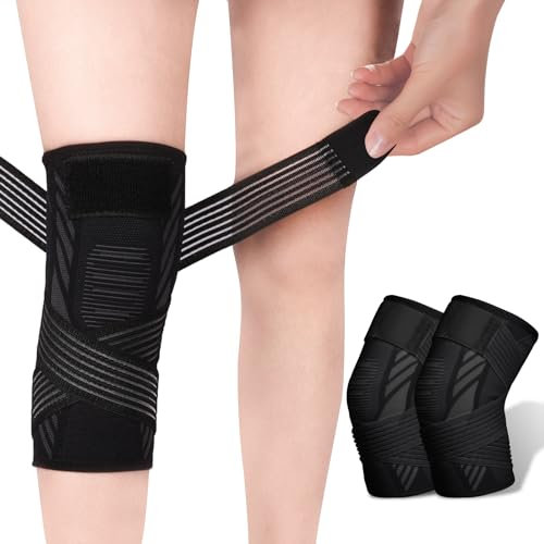 yeloumiss Knee Support Brace 2 Pack Compression Knee Sleeve with Straps for Women Men for Sports, Arthritis, Joint Pain, Ligament Injury, Meniscus Tear, ACL, MCL, Tendonitis (Black, L)