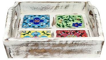 PUSHPACRAFTS Vassoio da Portata in Legno Rajasthani Dipinto a Mano 4 Vassoio da Portata con intarsio di Piastrelle in Ceramica (Angoscia Bianca)((21,5 X 21,5 X 6,5) cm)