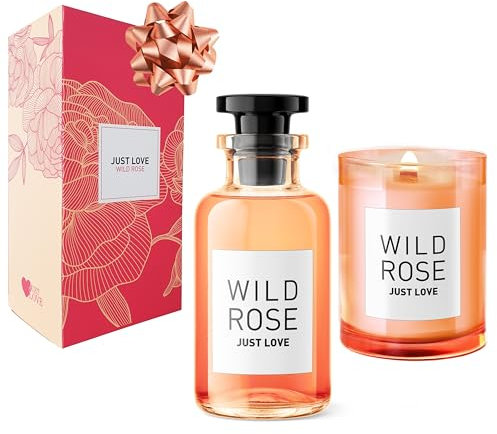 JUST LOVE® Duftkerze + Raumduft Rose als Geschenkset, Sanfter Rosenduft für Entspannung und Wohlgefühl. Ideal als Geschenk Muttertag, Duftkerzen Geschenkset