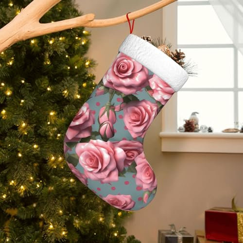 UPGENT Weihnachtsstrumpf mit rosa Rosen – festliche Weihnachtsdekoration, Geschenksack – Weihnachtssocke für Süßigkeiten, Spielzeug und mehr