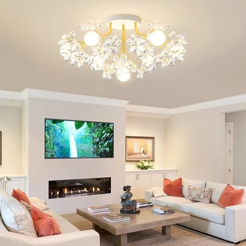 RuiRfh Ceiling light modern golden dining room 5 light crystal chandelier 60cm metal semi-recessed ceiling Lamp suitable for kitchen bedroom entrance living room corridor bar creative decoration