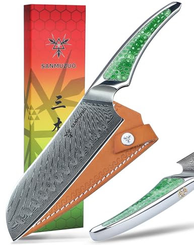 SANMUZUO Couteau Santoku 18 CM, couteau de chef japonais en acier Damas VG-10, couteau de cuisine ultra tranchant avec manche pleine soie en résine verte, série LA-S9