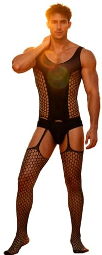 ohyeahlady Body de Rejilla Sexy Hombre Fiesta Talla Grande Medias Red de Malla Conjunto de Lencería de Encaje Bodystocking Abierto Jumpsuit Mesh Ropa Interior Transpirable Clubwear Negro,XS-M