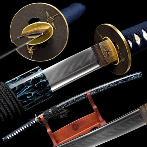 103cm handgefertigtes Samuraischwert,T10-Stahl Schwertklinge mit Brennender Klingenprozess,reinem Kupfer,Handschutz,Holzscheide,echtes Katana-Schwert für Kendo,Iaido-Training,Geschenke,Dekoration