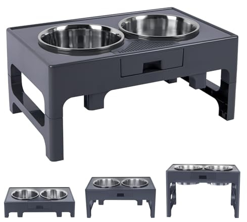 Elevated Dog Bowls, Stainless Steel Raised Dog Bowl with Adjustable Stand, Double Dog Food and Water Bowl for Medium Large Dogs or Cat, 3 Heights 3.9”, 7.8”, 11.8” (Dark Grey)