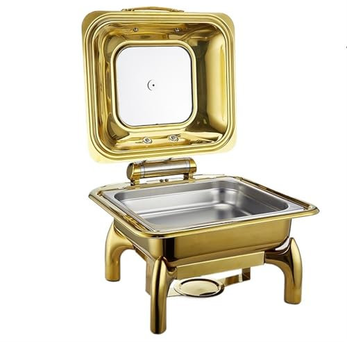 QAUUCP Chafing Dish Buffet Set Nice Round Glass Lid Window Hydraulic Soft Closing Gold Colour Chafing Dish Buffet Set Hold Accent Food Warmers Buffet Chafing Dish(Square 6L)