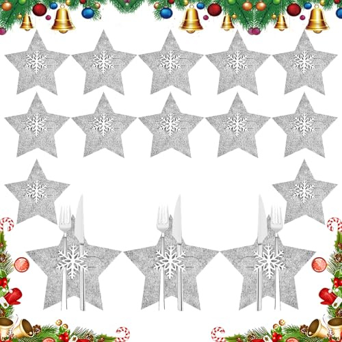 14 Stück Bestecktasche Weihnachten aus Filz Mit Weihnachtsschneeflocken (1 Packung) – Weihnachtsdeko Innen, Tischdeko Weihnachten, Weihnachtsdeko Tisch, Besteckhalter Weihnachten, wiederverwendbar