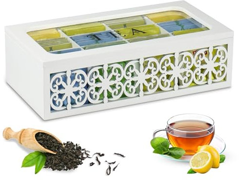 QILICZ Caja para té, diseño perforado, caja de almacenamiento de madera con 12 compartimentos separadores – Caja para bolsas de té para bolsitas de té, azúcar, cápsula de café, color blanco, tarro de