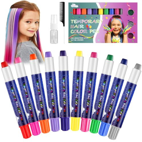 Hair Chalk 10 Colours Hair Chalk for Children, Temporary Hair Dye Pens, Non-Toxic & Washable, Hair Chalk for Girls with Comb and Spray Bottle, Hair Dye Pens for Temporary Colouring, Colourful Hair