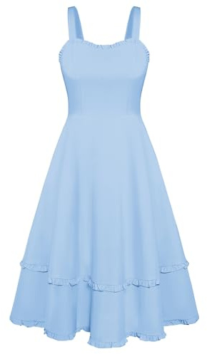 Damen Langes Blumenkleid Vintage 50s mit Rüschen Ärmellos A Line Kleid Hellblau L