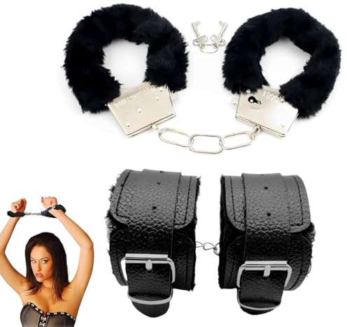 2 Paar Handschellen Set, Handschellen mit 2 Schlüsseln Set, Handfesseln für Cosplay, Partyzubehör, Sexy Schwarz Metall Handschellen für Polizei-Kostüm-Requisite, Geschenke, Valentinstagsgeschenke