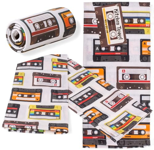 MIJOMA Geschirrtuch aus 100% Baumwolle im Retro Design – Vintage Küchenhandtuch mit Musik-Motiv – saugfähig & waschbar – Küchentuch für Retro-Fans (1, Retro-Kassetten, 40 x 60 cm)