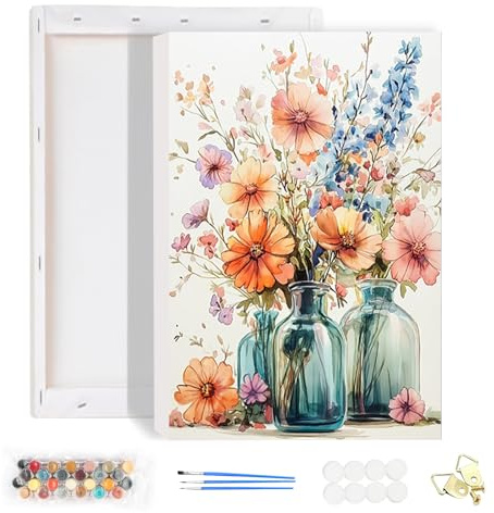 HEIBAGO Encadré Paint by Numbers pour Adultes, Fleurs Paint by Numbers Canvas pour Débutants, DIY Kit de Peinture, Peinture par Numéros pour Décoration de la maison 20x30cm
