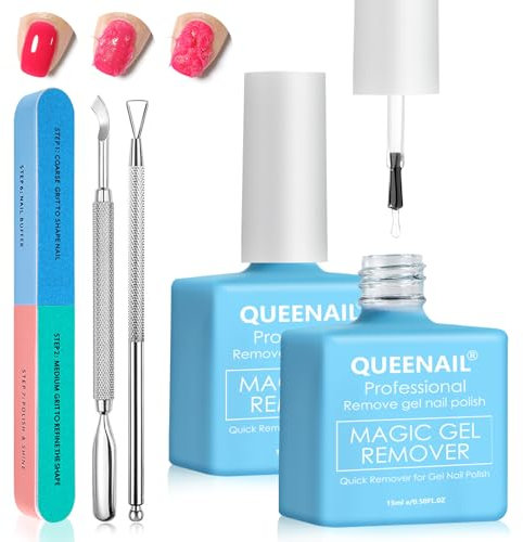 2 * 15ml Remover Solvente per Smalto per Unghie, Rimuove Semipermanente, Nail Gel Remover, con Spingi Cuticole e Lima per Unghie, Rimuove Facilmente e Rapidamente lo smalto nail