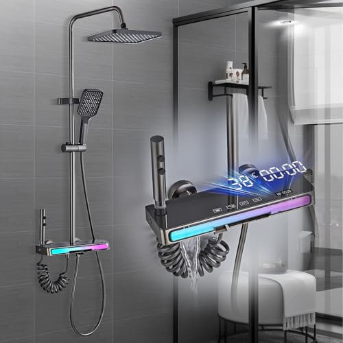 CALISTOUK Columna Ducha con Grifo, 4 Funciones Elegantes Teclas de Piano Conjunto Ducha Luz de Respiración de 7 Colores|Indicación de La Temperatura para Baño, Columna Ducha Altura Ajustable 70-133cm