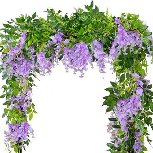 Warmiehomy Lot de 4 guirlandes de glycines artificielles violettes de 2,1 m avec feuilles vertes pour intérieur ou extérieur, maison, jardin, décoration de mariage