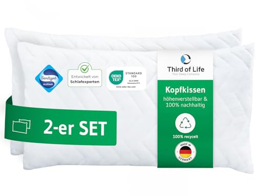 Höhenverstellbares Kopfkissen 40x80 VERDA Doppelpack, Made in Germany | 2-er Set Schlaf-Kissen 40 x 80 aus Recyclingfasern, Höhenverstellbar für Bauch-, Rücken-, Seitenschläfer, Allergiker geeignet