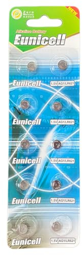 Pack of 20 - LR621/AG1 Eunicell 1.5V Button Coin Cell Alkaline Batteries - Suitable for use in LED lights, Digital Voice Recorders, Toys, Blood Glucose, Cholesterol Testing, Meters, Toys