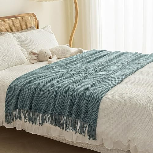 SUZEPER Knit Bed Runners for King Size Bed,Solid Color Bed Scarf with Tassel,Decorative Woven Sofa Throw Bed Runner for Hotel Home Double Single King Size Bed(King 23.6x102inch, A Blue)