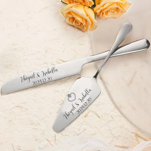 Personalisiertes Hochzeitstortenschneider-Set, graviert, Hochzeitstortenmesser, modernes Gravur-Set, Geburtstagsgeschenk, Brautparty, Geschenk, Monogrammiert (Silber)