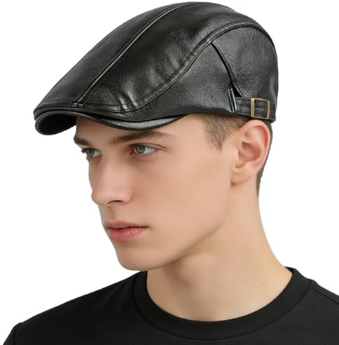 HIQIU Schiebermütze Herren aus PU-Leder Schirmmütze - Verstellbare Gatsby Newsboy Flatcap Herren Barett Cap für Frühling und Herbst