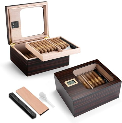 Zigarren Humidor aus Zedernholz, Zigarrenbox mit Hygrometer und Luftbefeuchter, Doppelraum Zigarrenkiste mit Regal für 45-55 Zigarren, Männer Geschenk Zigarren Zubehör (Dunkelbraun)