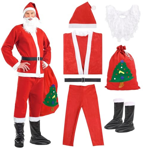 SanRes 7 Pièces Costume de Père Noël,Ensemble de Déguisement de Père Noël avec Casaque,Pantalon,Ceinture,Chapeau,Couvre-Bottes,Barbe et Sac Cadeau pour Saint Nicolas Noël Carnaval Fête à Thème