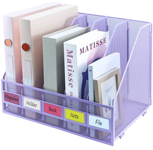 ideallife Porte-revues pliable en Métal robuste - Vertical Corbeilles à Courrier A4 Banette de Rangement, Classeur sur pied peu encombrant avec 5 compartiments pour le bureau et la maison, Violet