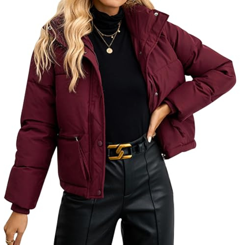 IWEMEK Veste Hiver Femme Chaude Parka Courte Chaude avec Fermeture à Glissière - Manteau Léger Isolant pour Ski, Randonnée, Voyage Bordeaux L