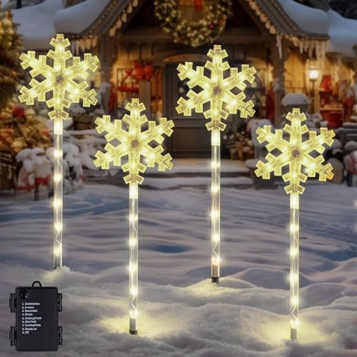 Sunshine smile LED Gartenstecker 4er Set Schneeflocken,LED Gartenstecker Weihnachten,Weihnachtsdeko Aussen Batterie,Schneeflocke Weihnachtsbeleuchtung Außen,Weihnachtsdeko Outdoor,für Garten,Terrasse