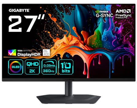 Gigabyte MO27Q3 27” OLED QHD Gaming-Monitor - 2560 x 1440, 360Hz, 0.03ms, 250 cd/m², G-Sync Kompatibel, FreeSync Premium Pro, Display HDR True Black 400, HDMI 2.1, DisplayPort 1.4