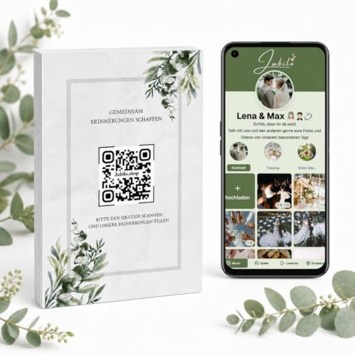Jubilo Tischkarten mit QR-Code | Hochzeitsfotos | Gästebuch | Fotoaufgaben Hochzeit | Fotos & Videos hochladen