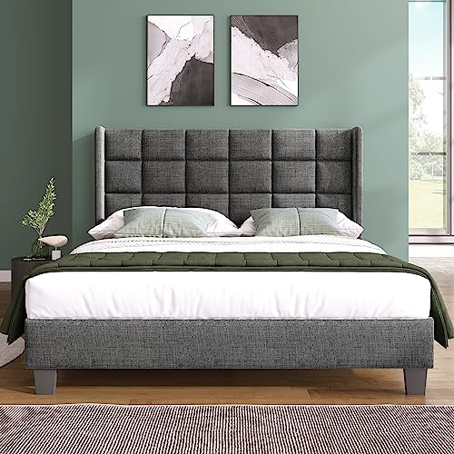 Abosbeet Doppelbett Polsterbett 140x200cm grau Leinen – Gepolstertes Kopfteil, Stabiler Lattenrost, 200kg Tragfähigkeit, Ohne Boxspring, Komfortabel zum Entspannen