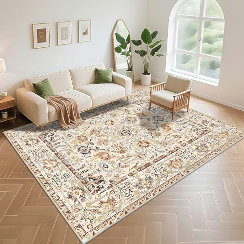 Kunsen Flokati Teppich Waschbar Washable 200x300cm, Beige Moderne Blumenmuster für das Wohnzimmer am Bettrand