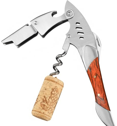 Sacacorchos Premium Waiters Friend, llave de vino de acero inoxidable con mango de madera natural, mecanismo de palanca de 2 pasos para descorchar fácilmente, incluye cortador de papel de aluminio