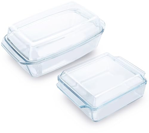 LOLYSIC Glass Casserole Dishes with Lids Oven Proof Glass Lasagne Dishes for Oven Glass Bakeware Microwaveable Casserole Dish with Lid (Rectangle, 2L + 3L)