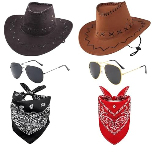 WFKKMEQ Costume da Cowboy, 6PCS Accessori per Costumi da Cowboy con Cappello da Cowboys,Bandana,Distintivo Cowboyi Fancy Dress Set per Carnevali,Feste,Cosplay(Nero，Marron)