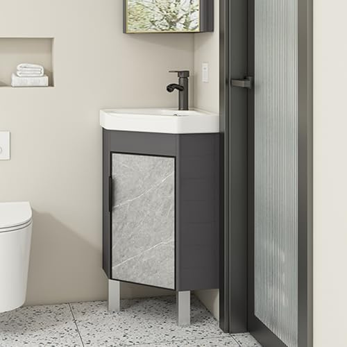 JDXQBLD Bathroom Vanity Cabinet,Modern Floor Standing Ceramic Triangle Vanity Space Sink,Corner Bathroom Vanity Sink with Soft-Close System and Black Faucet,for Small Space，Grey 42CM