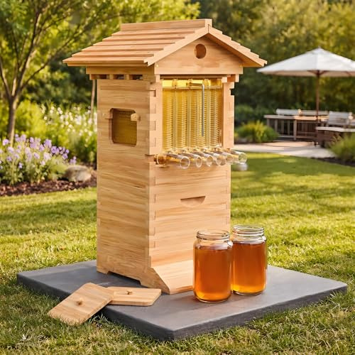DNEPEI Komplettes Bienenstock-Set für Anfänger, Bienenstockkasten aus Holz mit Sichtfenster und Honighahn, inklusive Holzbienenhaus für bestäuberfreundliche Gärten