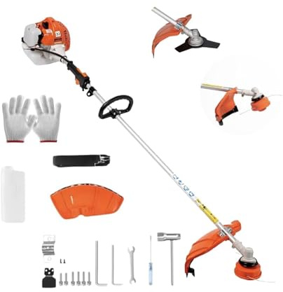 Decespugliatore a Scoppio 52cc Professionale Multifunzione, Tagliabordi con Testina Doppio Filo 2 mm e Disco 3 Denti in Acciaio Rinforzato
