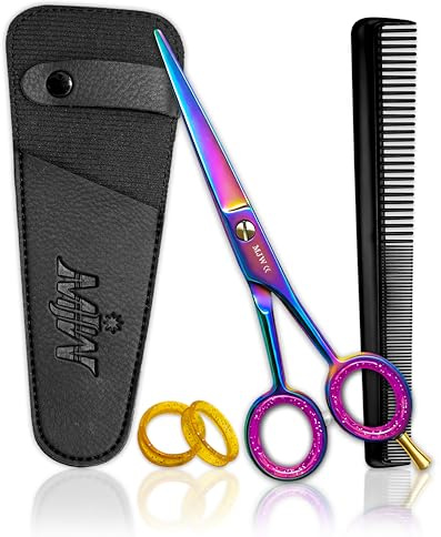 MJW Hairdressing Scissors 6.5 Inch – Multi Colour Stainless Steel Hair Cutting Scissors for Barbers, Salon & Home Use – Includes Pouch, Comb & Finger Inserts