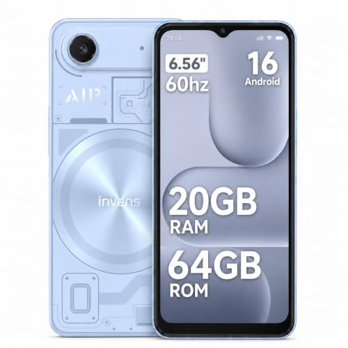invens Air 1 Android 16 Unlocked Smartphone, 20GB+64GB/1TB | 6.56 Display, 8MP+16MP Camera, 5000mAh (typ) battery Mobile Phone, 4G Dual Sim/Face ID/GPS/BT5.0,Blue