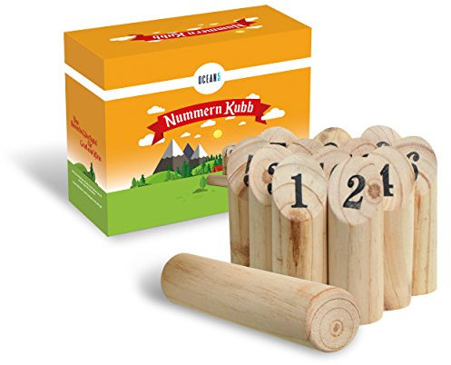 Ocean 5 - Nummern Kubb - das Zahlen Wurfspiel für draußen - Holz-Kegel Wikinger Spiel aus Skandinavien - das Geschicklichkeitsspiel für den Sommer